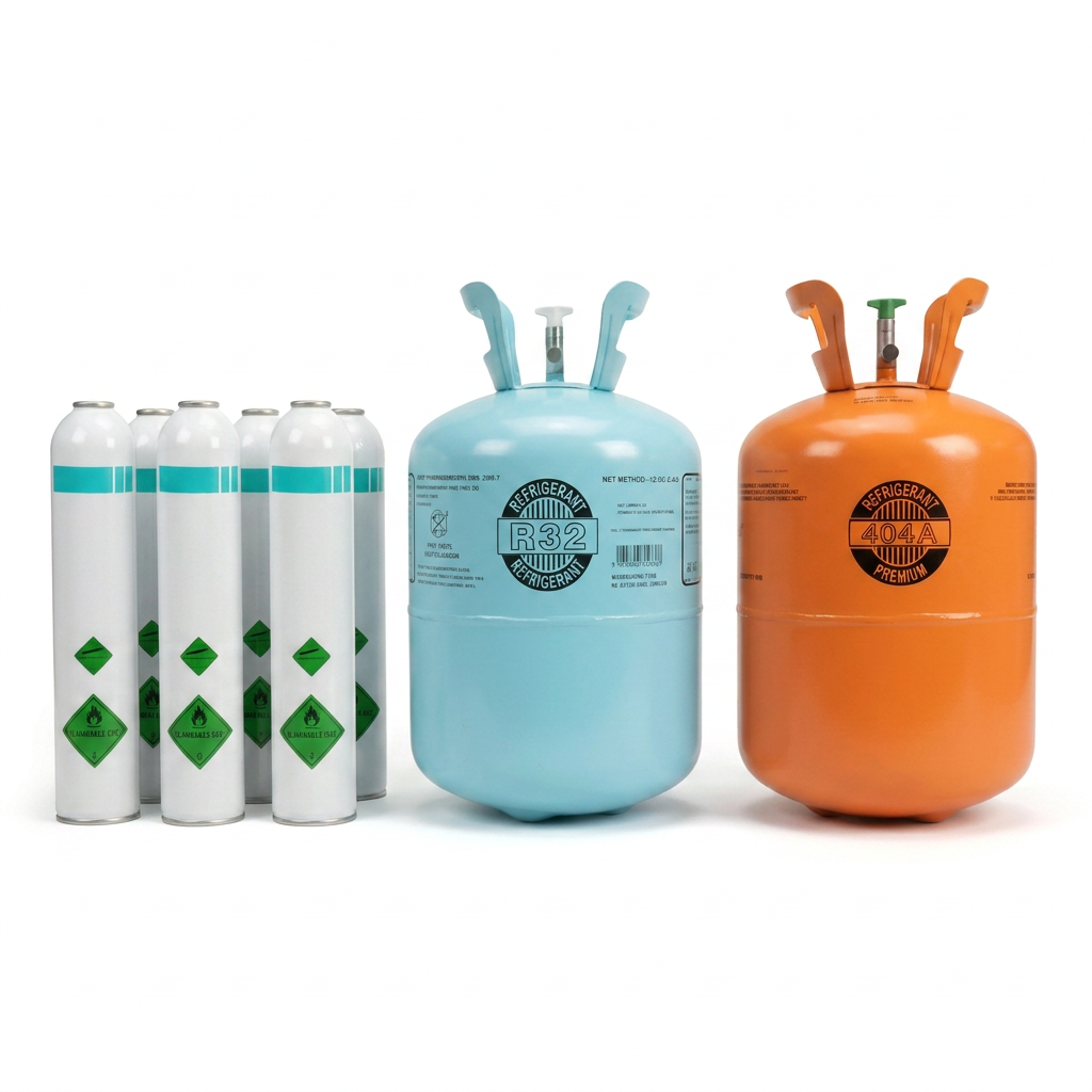 Cilindros de gás refrigerante R-404A e R-32 com latas de fluido